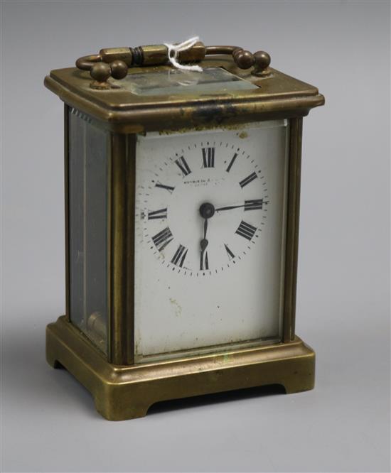 A French gilt brass carriage clock, white enamelled Roman dial, height 11cm